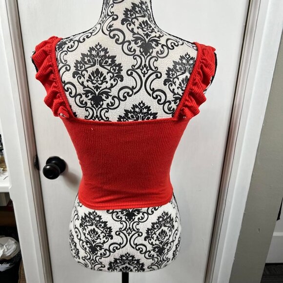 Red Ribbed Ruffle Strap Crop Tank Top | Stretch Knit Fitted Sleeveless Blouse - Picture 6 of 7